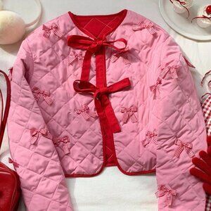 Pink Casual Women's Contrast Quilted Coat with Gingham Bow
